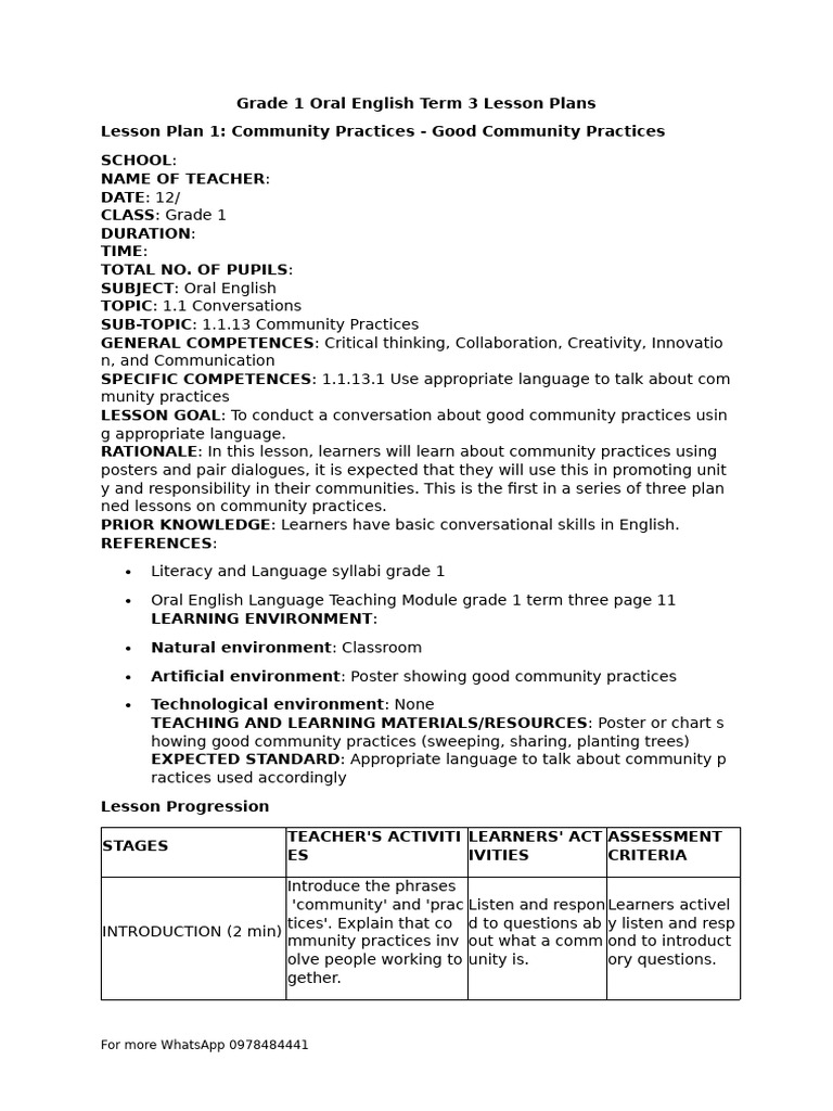 Grade 1 Oral English Term 3 Lesson Plans | PDF | Learning | Lesson Plan