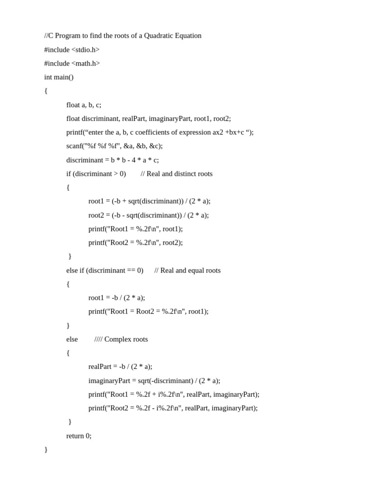 C Program for Quadratic Roots Calculation | PDF | Square Root | Mathematics