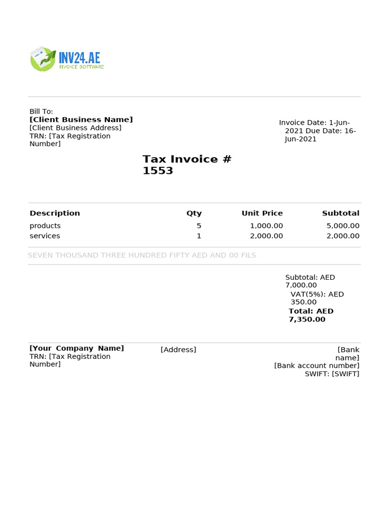 UAE Tax Invoice Sample Template | PDF