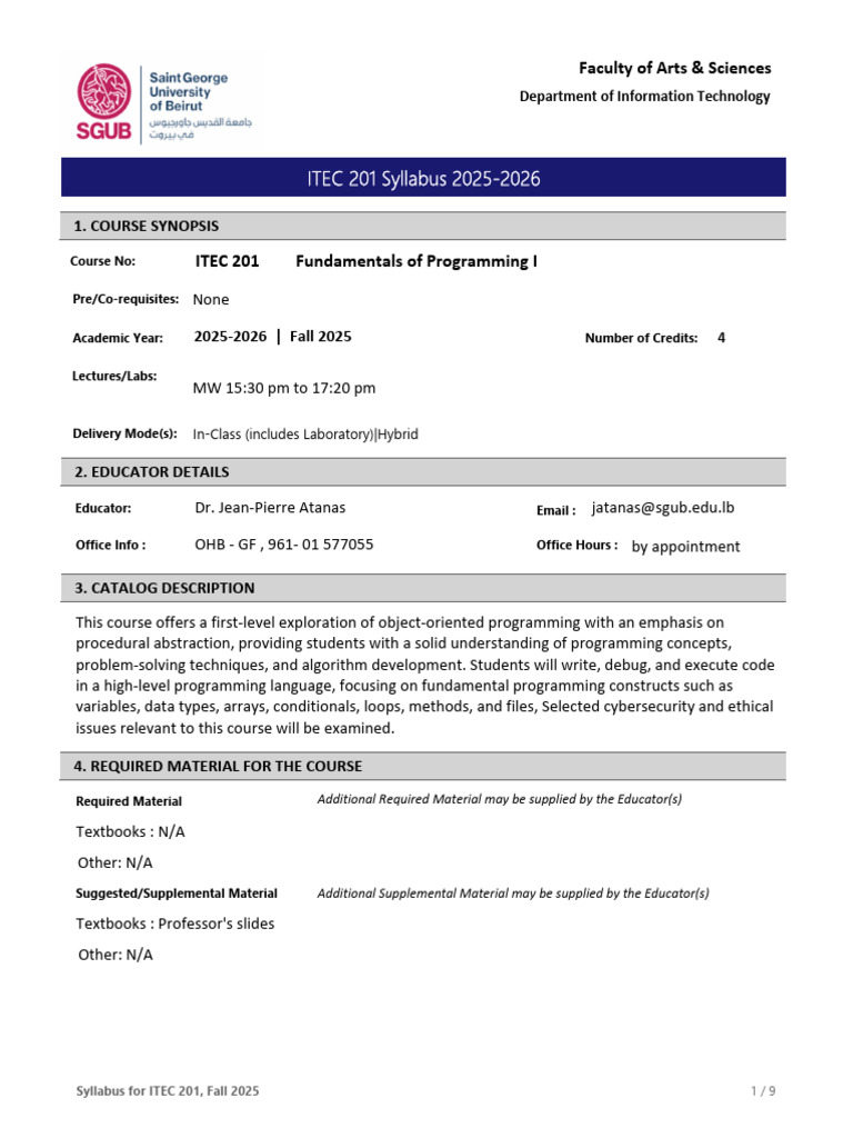 ITEC 201: Programming Fundamentals Syllabus | PDF | Java (Programming ...