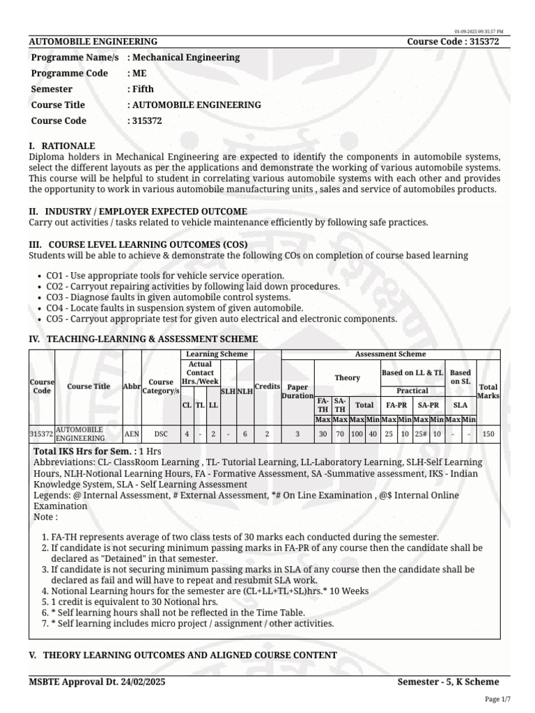 Automobile Engineering Course 315372 | PDF | Steering | Manual Transmission