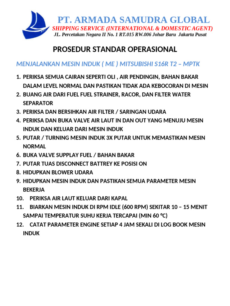 Sop Start Stop Main Engine Mitsubishi s16rt2 - MPTK | PDF