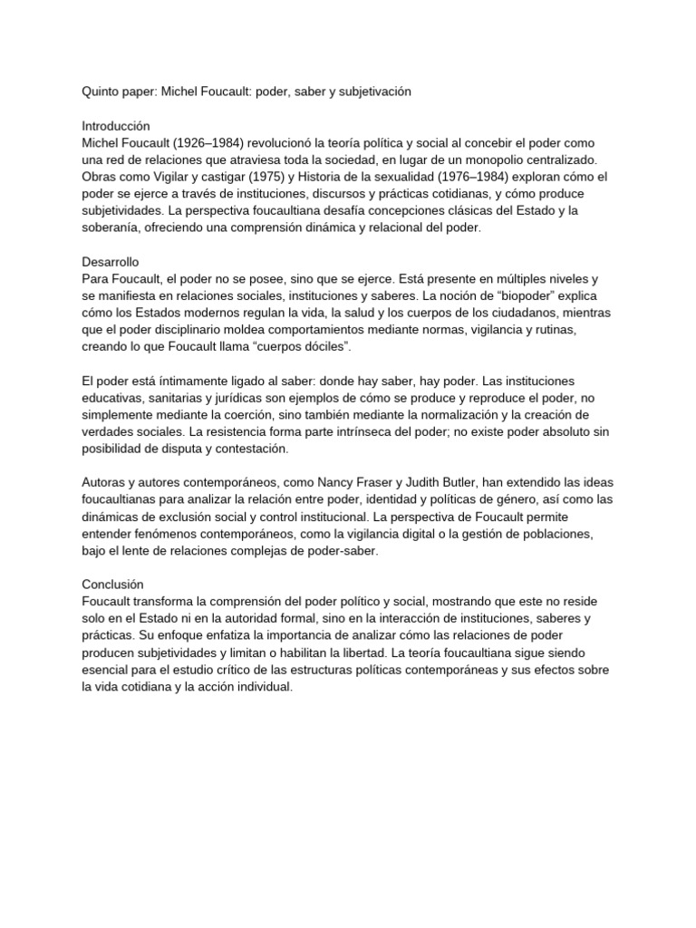 Quinto Paper - Michel Foucault - Poder, Saber y Subjetivación | PDF