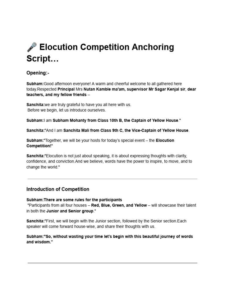 Elocution Competition Anchoring Script | PDF