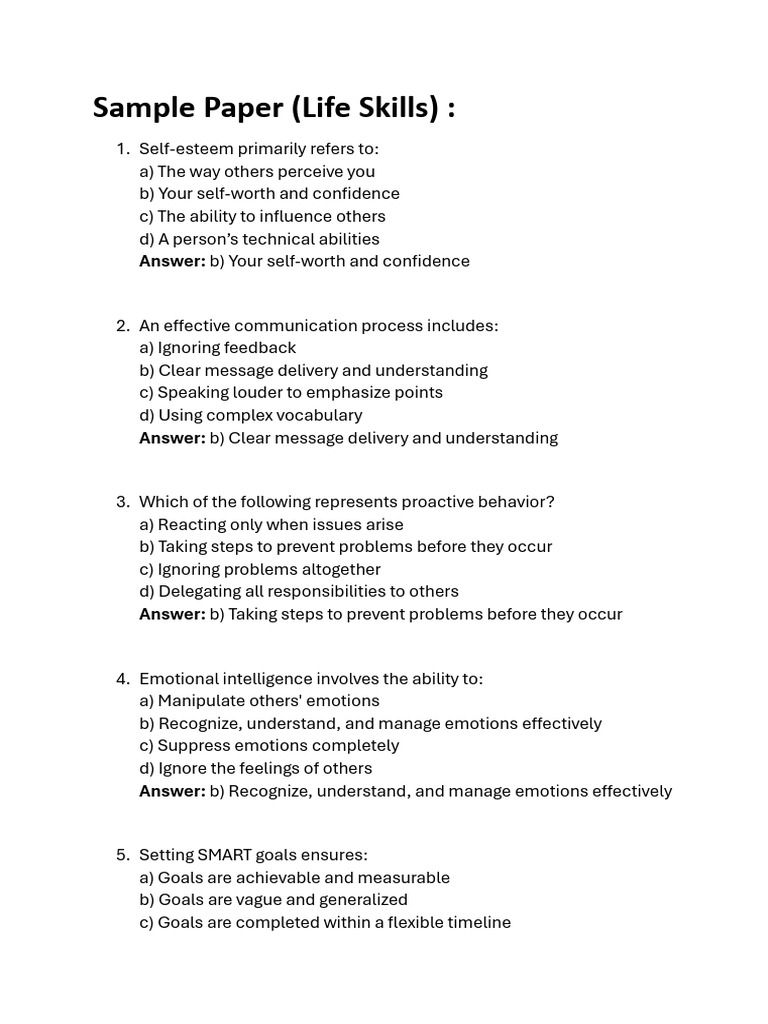 Essential Life Skills Sample Paper | PDF | Creativity | Self Esteem