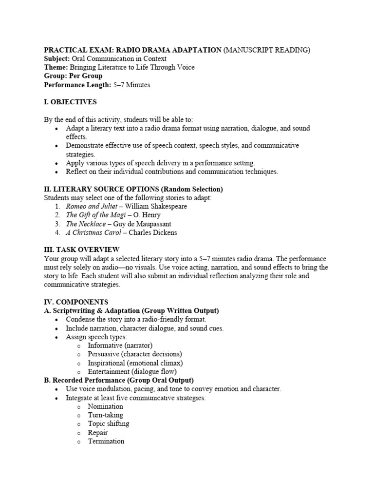 Radio Drama Adaptation Exam Guide | PDF | Narration | Human Communication