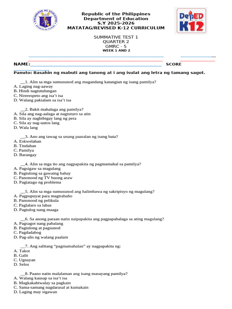 q2 GMRC 5 Summative Test 1 | PDF