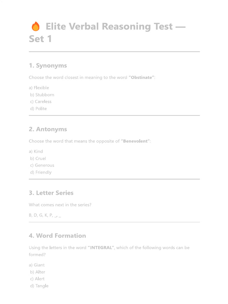 Verbal Reasoning Test - Set 1 | PDF