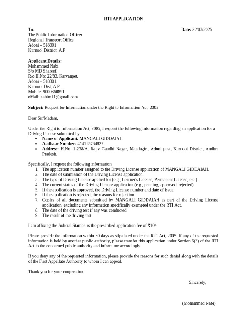 RTI Application To RTO Adoni | PDF