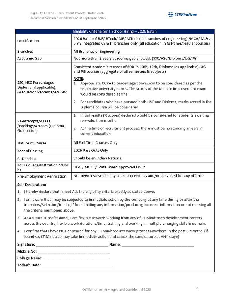 LTIMindtree Eligibility Declaration Form | PDF | Career And Technical ...