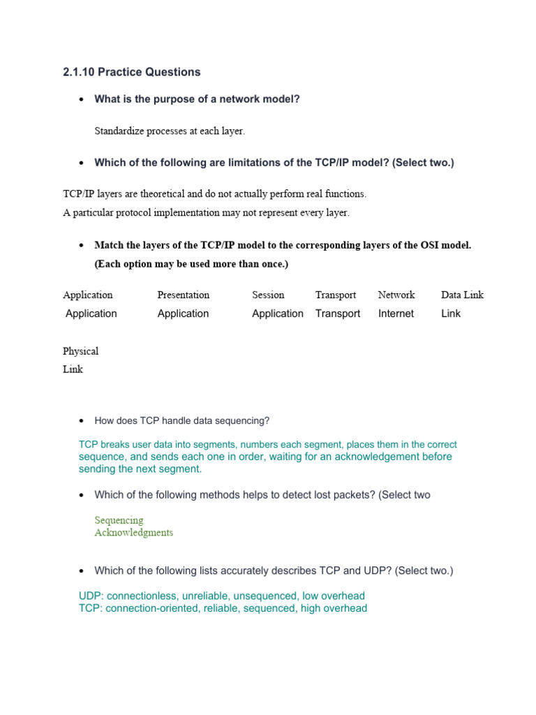 2.1.10 Practice Questions: What Is The Purpose of A Network Model ...