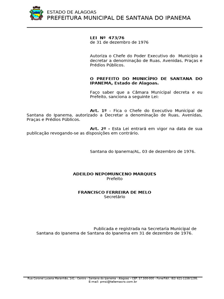 Lei 473 76 - Autoriza Decretar Denominação de Ruas | PDF