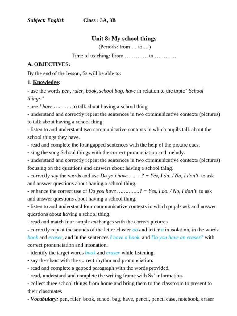 School Things Lesson Plan for Kids | PDF | Vocabulary | Human Communication