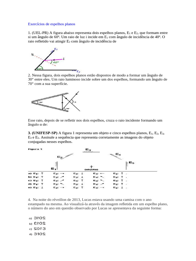 Exercícios sobre Espelhos Planos e Imagens | PDF | Espelho | Luz