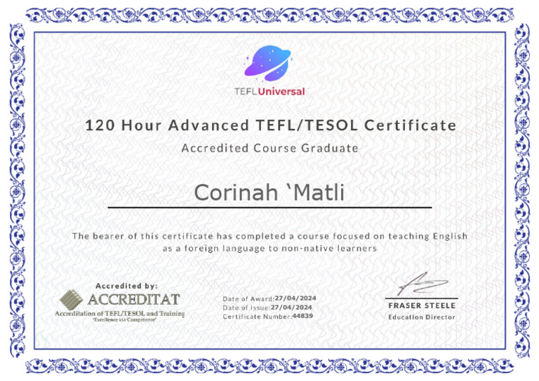 120 Hour TEFL Certificate - Corinah ?matli 2 | PDF