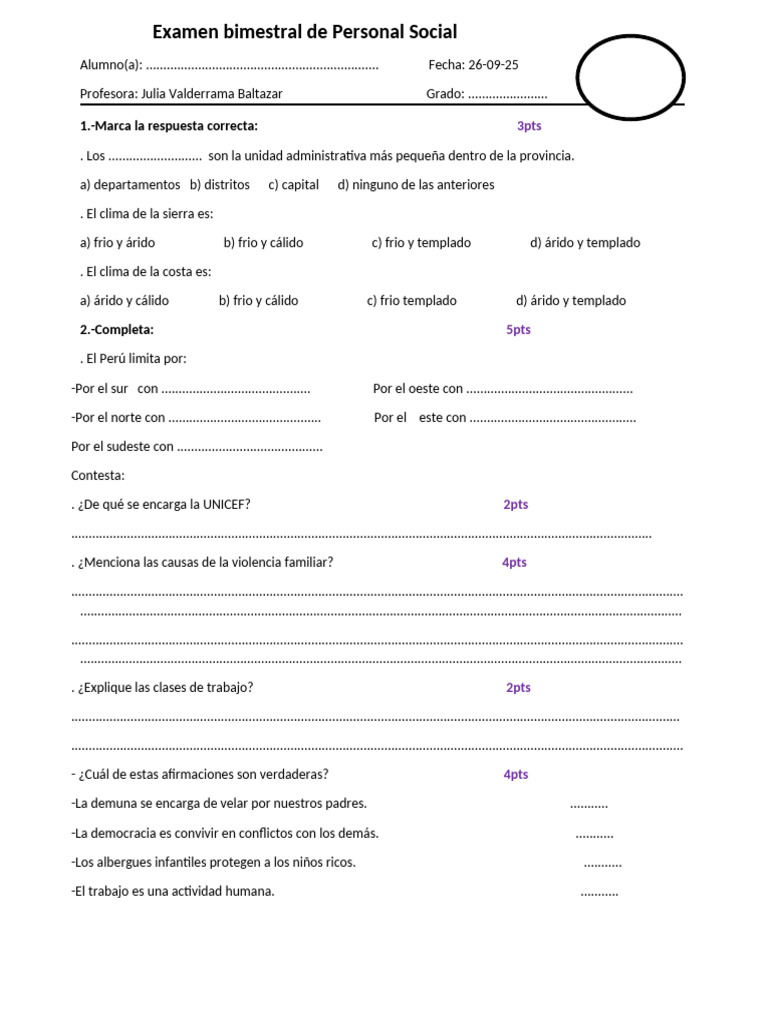 Examen Bimestral de Personal Social | PDF