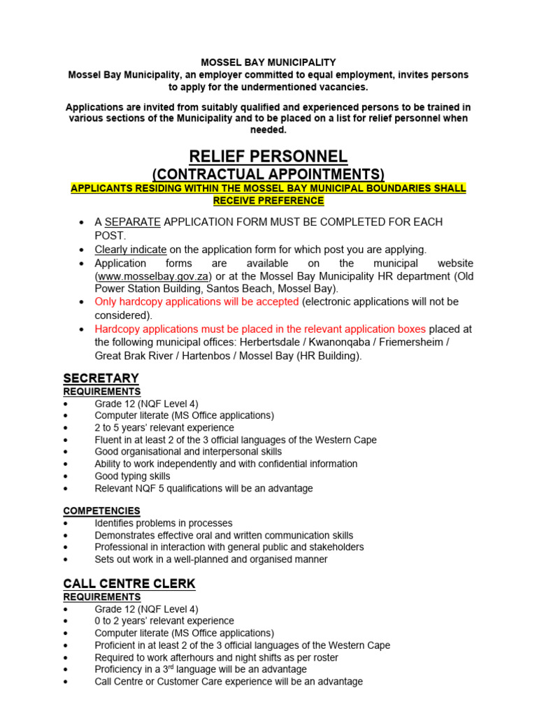 Mossel Bay Municipality Job Vacancies 2025 | PDF | Communication | Literacy