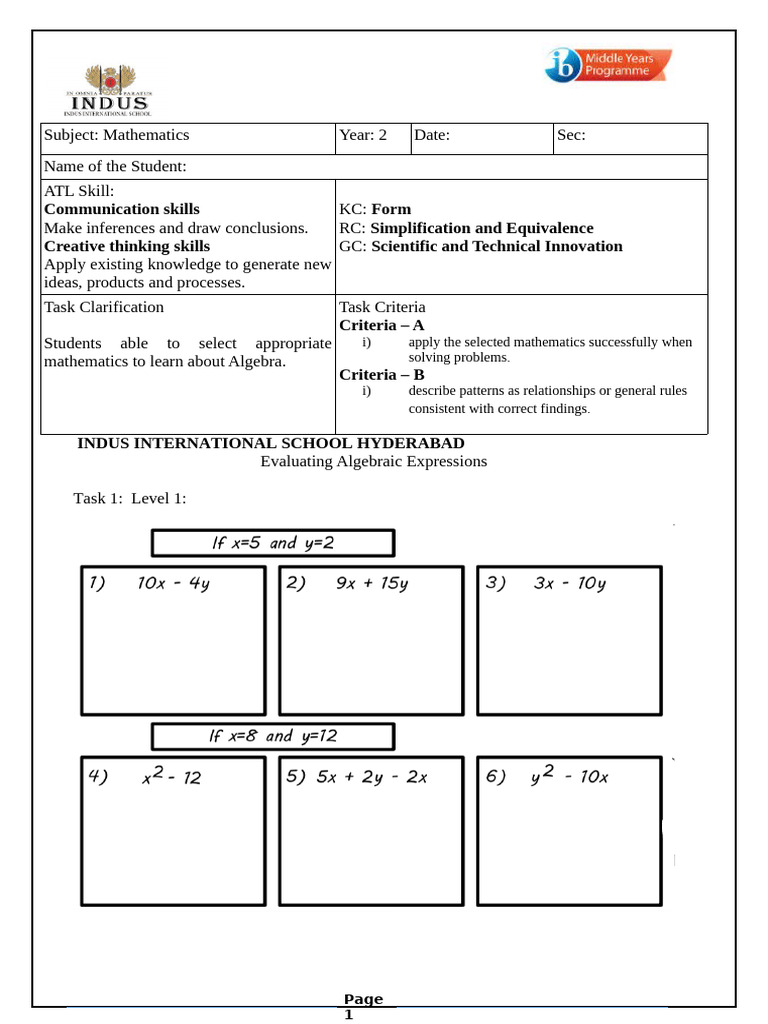 Evaluating Algebraic Expressions Guide | PDF