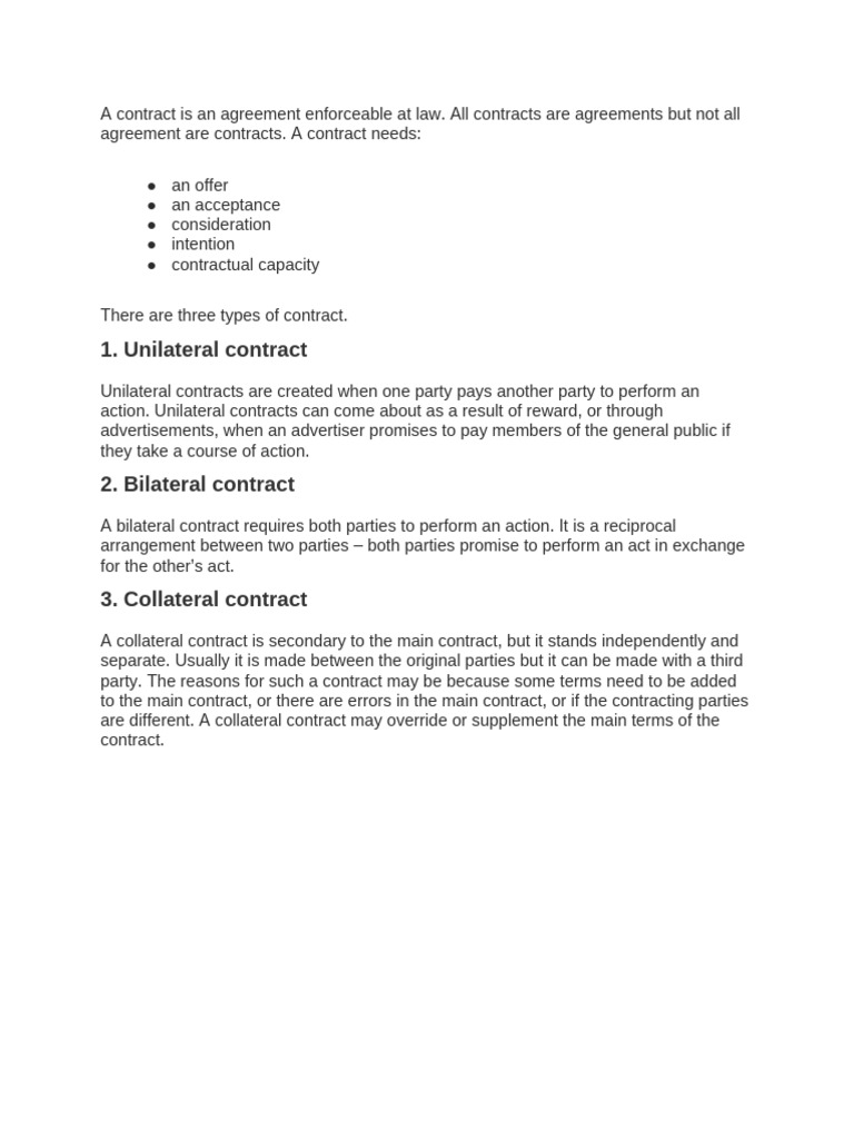 Types of Contracts Explained: Unilateral, Bilateral, Collateral | PDF