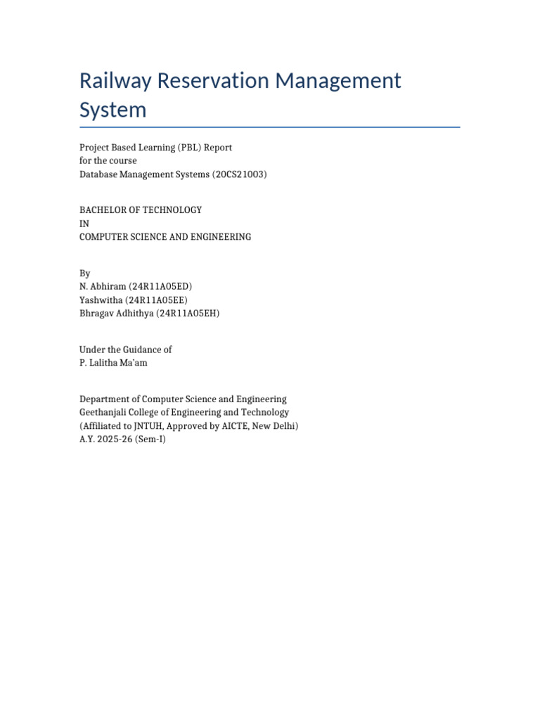 Railway Reservation Management System Report | PDF | Databases | Sql