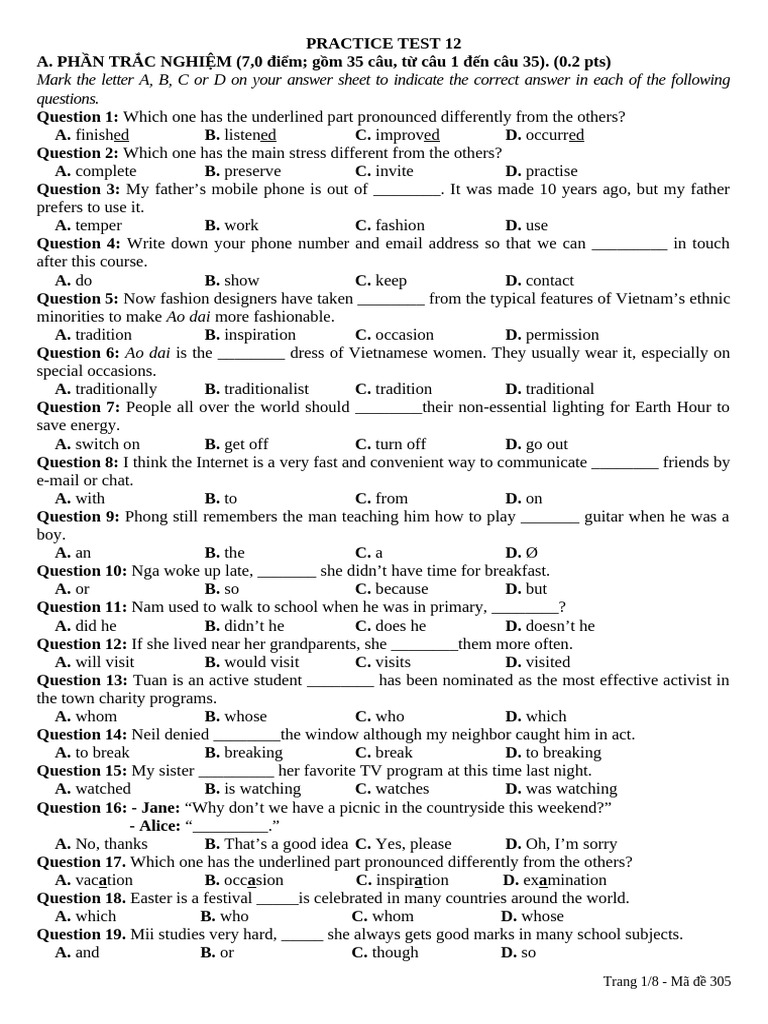 Practice Test 12: English Language Skills | PDF | Telephone | Mobile ...