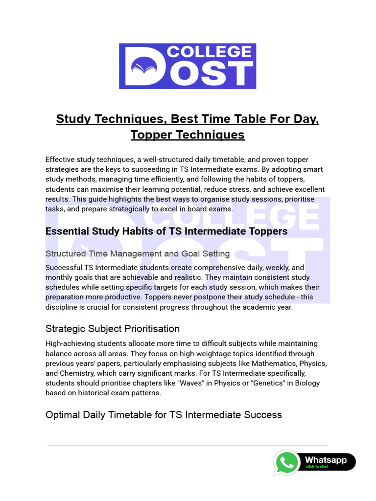 Study Techniques, Best Time Table For Day, Topper Techniques | PDF ...