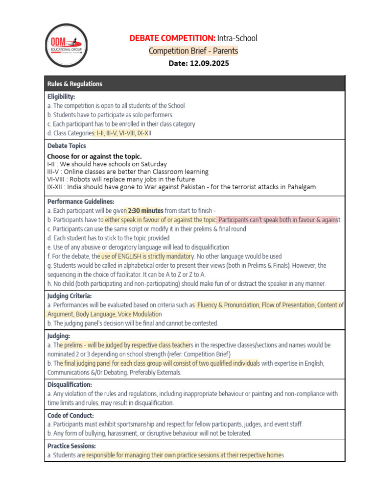 Intra-School Debate Competition Rules | PDF | Learning | Human ...