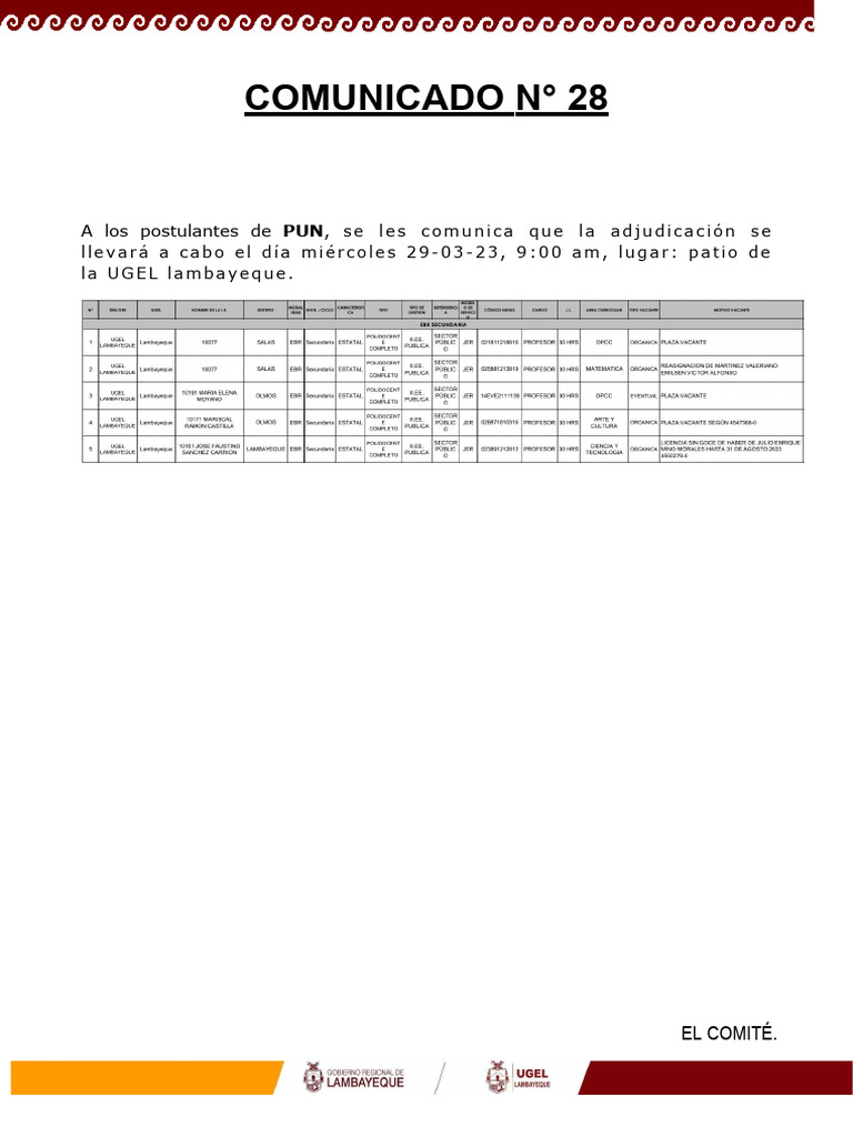Comunicado 28 Pun 29 Marzo 2023 | PDF