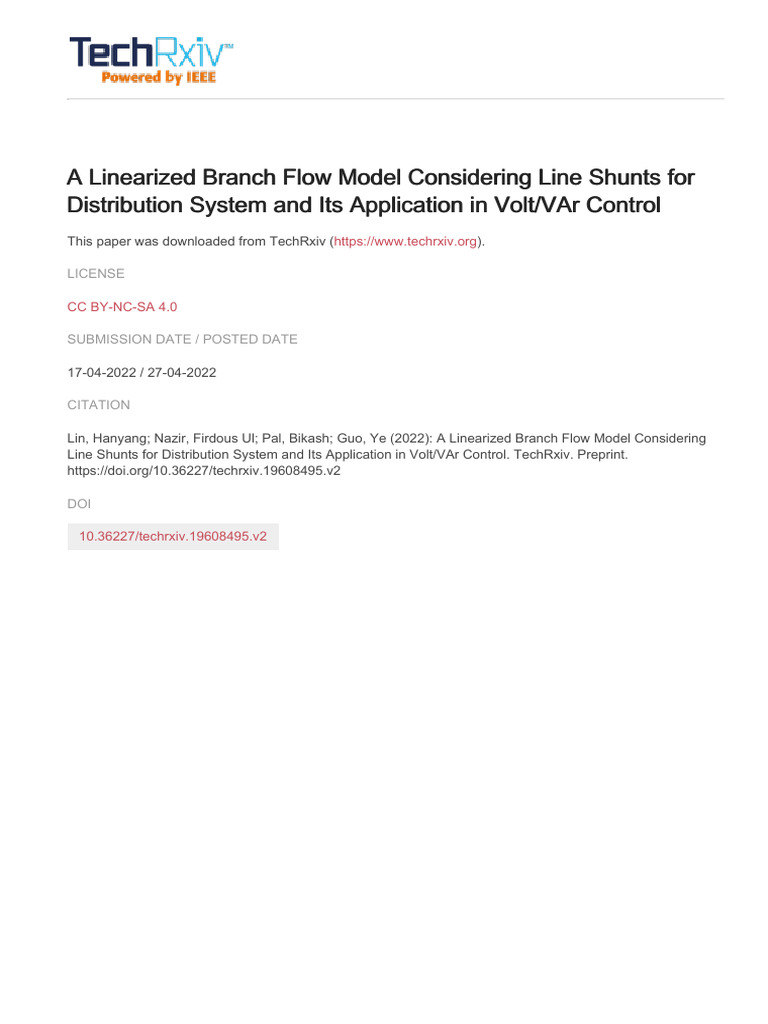 Linearized Branch Flow Model for VVC | PDF | Electrical Impedance ...