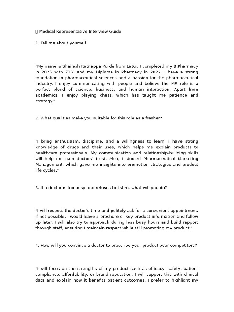 Medical Representative Interview Tips | PDF | Pharmacy | Disciplines