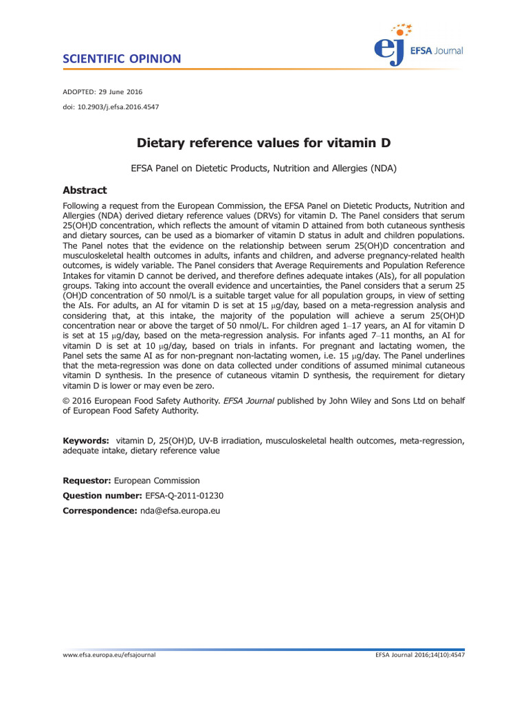 EFSA 2016 Vitamin D Reference Values | PDF | Vitamin D | Nutrients