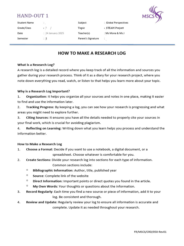 TR G7 T3 HO1 How To Make A Research Log 24-25 | PDF
