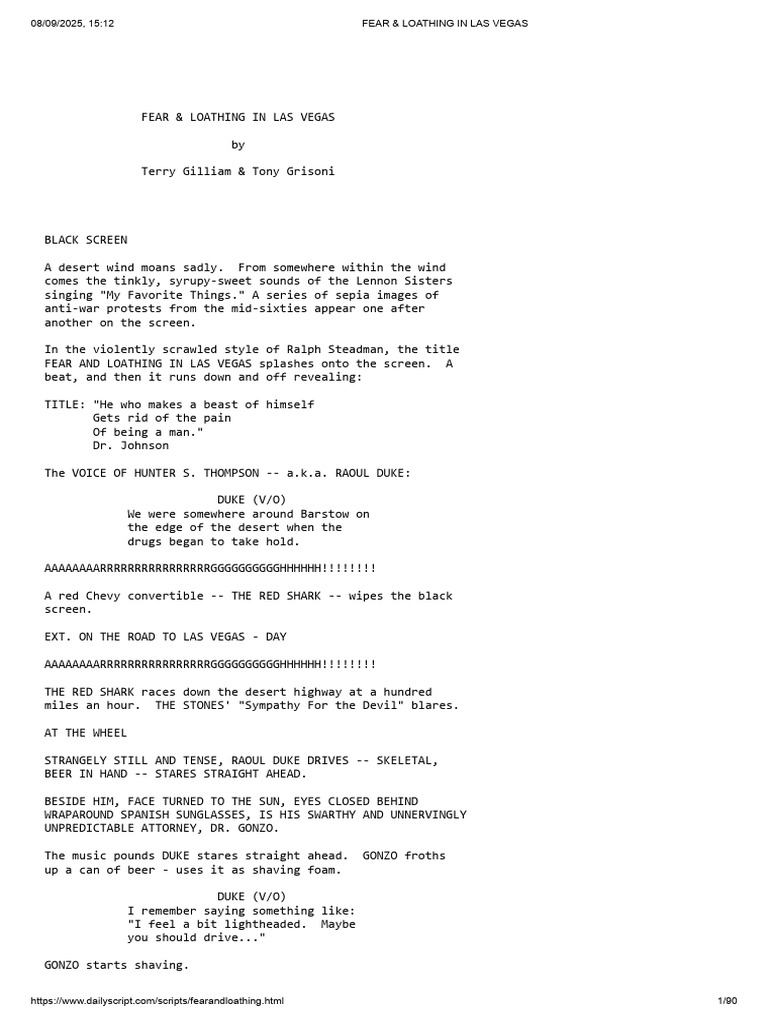 Fear and Loathing Script Excerpt PDF
