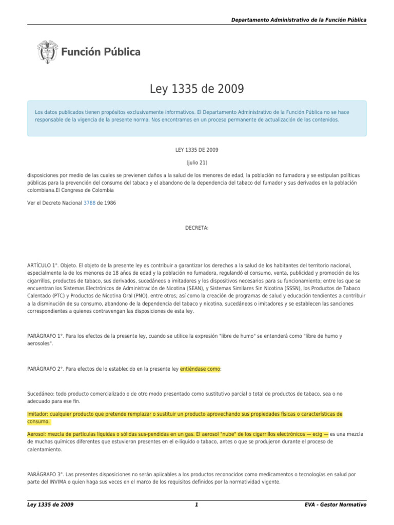 Ley 1335 de 2009 | PDF | Tabaco | Cigarrillo