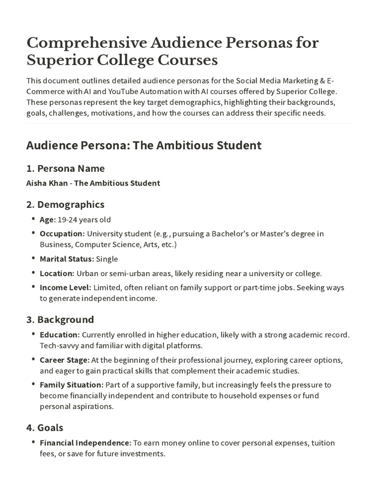 Comprehensive Audience Personas For Superior College Courses | PDF ...
