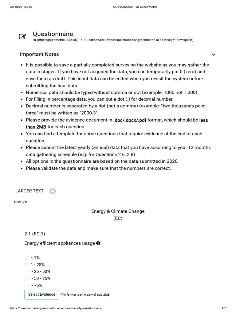 UI GreenMetric Questionnaire Guide | PDF | Energy Development | Carbon ...