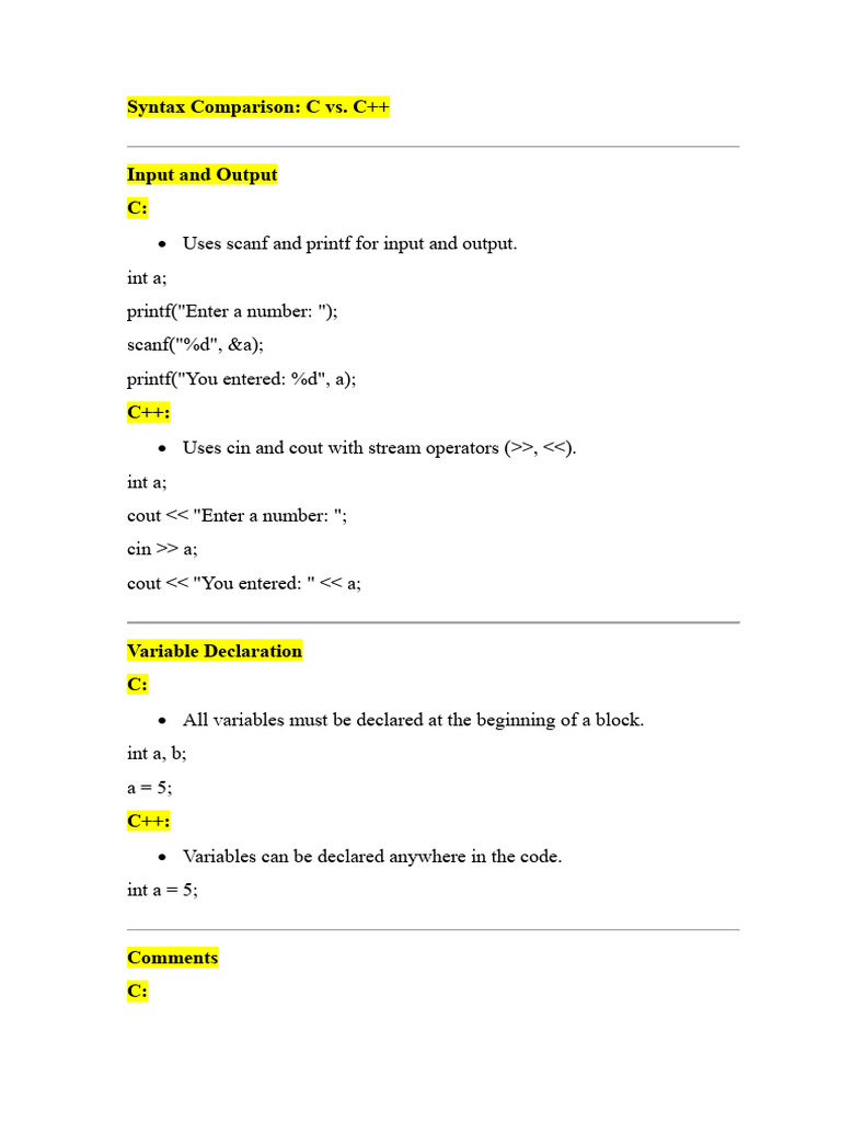 C vs C++: Key Syntax Differences | PDF | C++ | Software Engineering