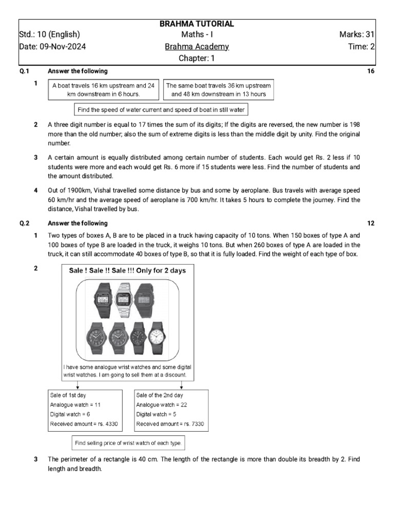 10th Algebra Chapter 1 Test | PDF | Length | Equations