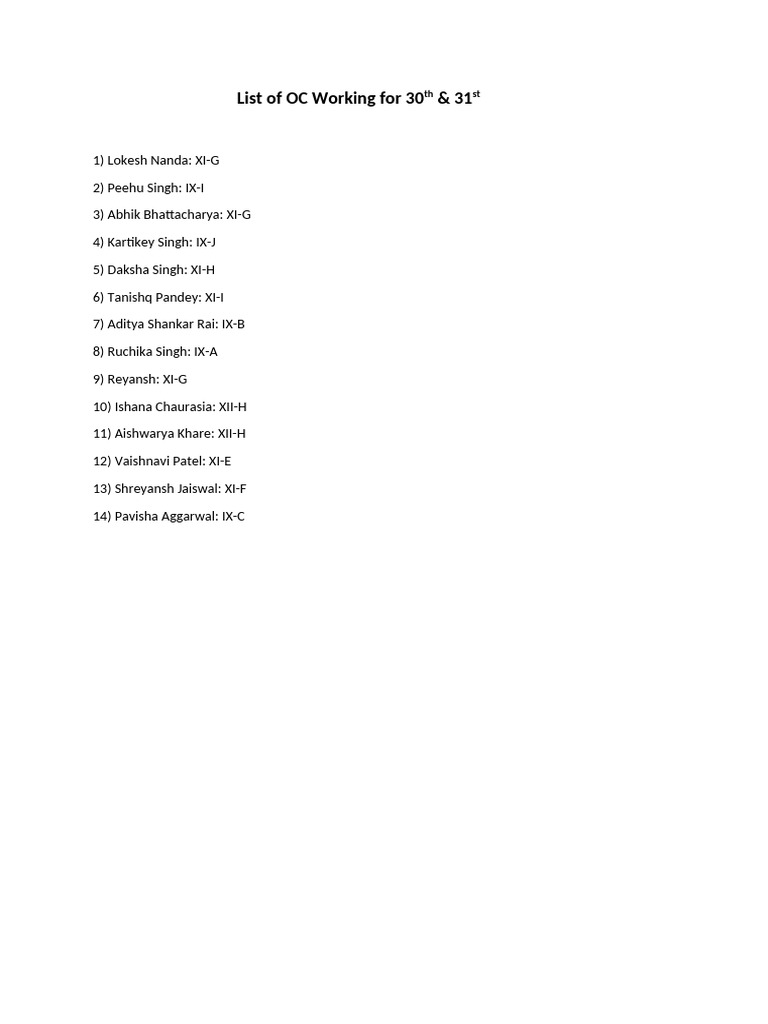 OC Staff List for 30th & 31st | PDF