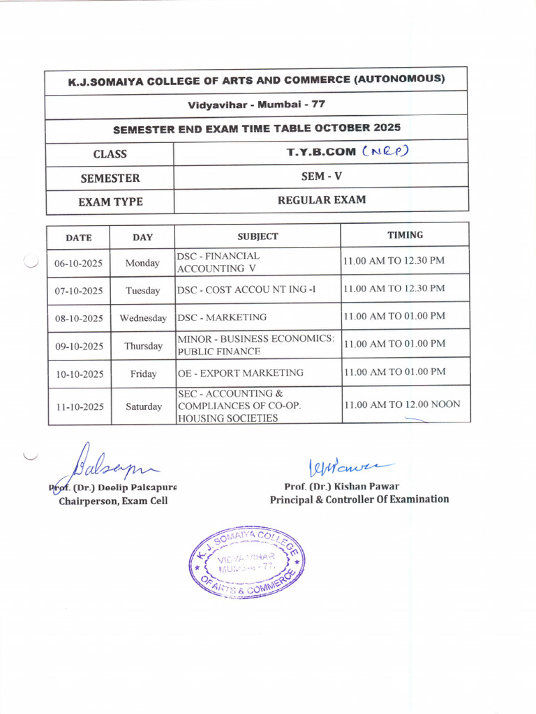 Tybcom+ (Sem+v) + (Nep) +Regular+Exam+Time+Table+October+ +2025 | PDF