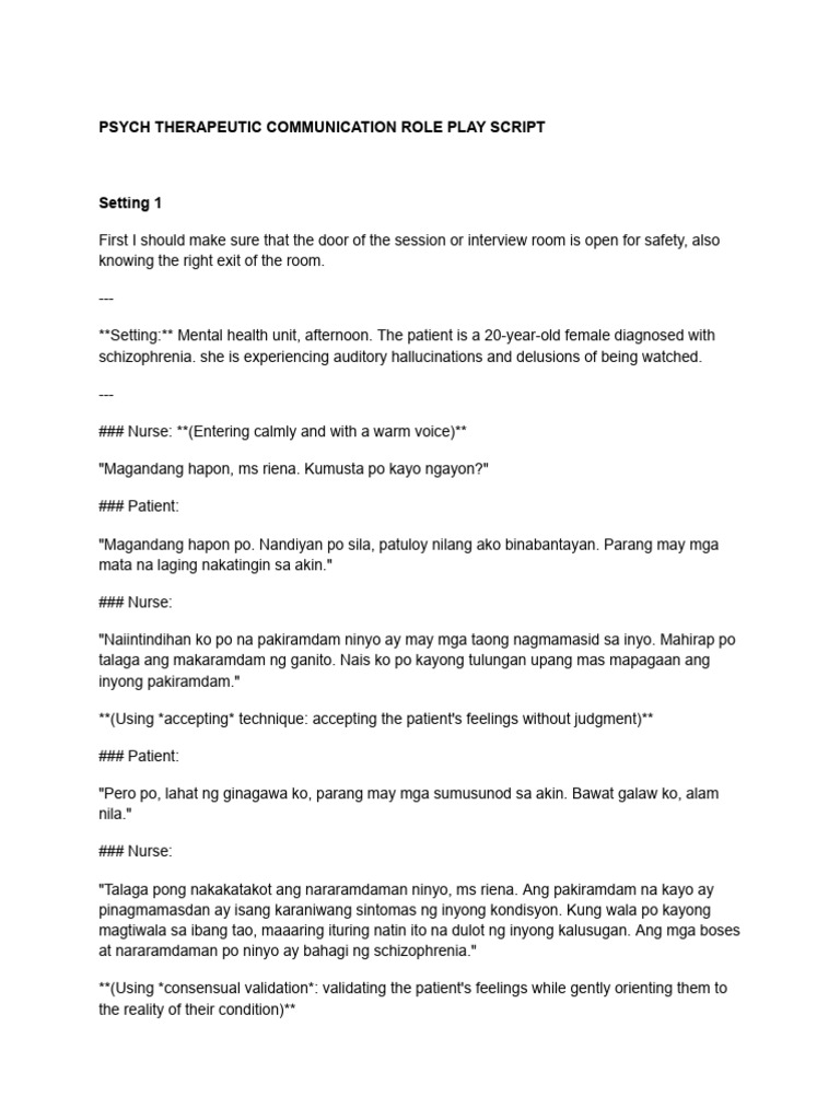 Psych Therapeutic Communication Role Play Script | PDF