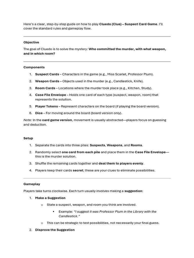 Cluedo Suspect Card Game Instructions | PDF | Games Of Mental Skill