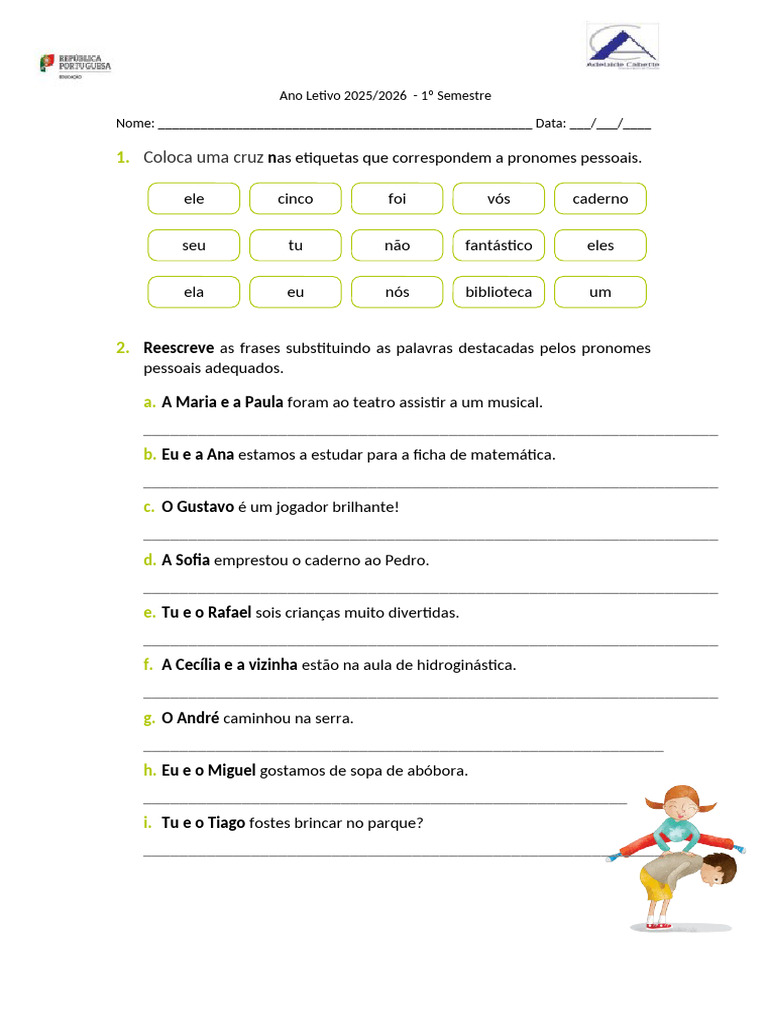 Ficha de Trabalho - Pronomes Pessoais | PDF | Sintaxe | Morfologia ...