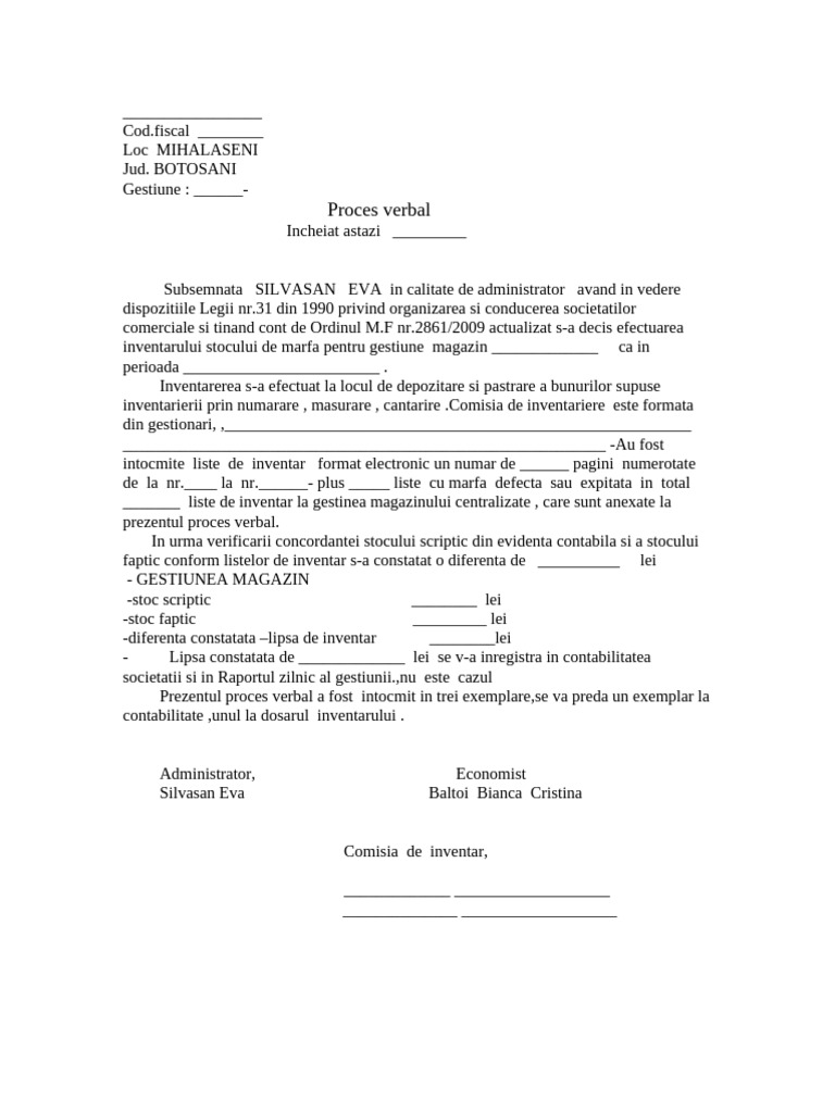 Proces Verbal Inventar Model | PDF