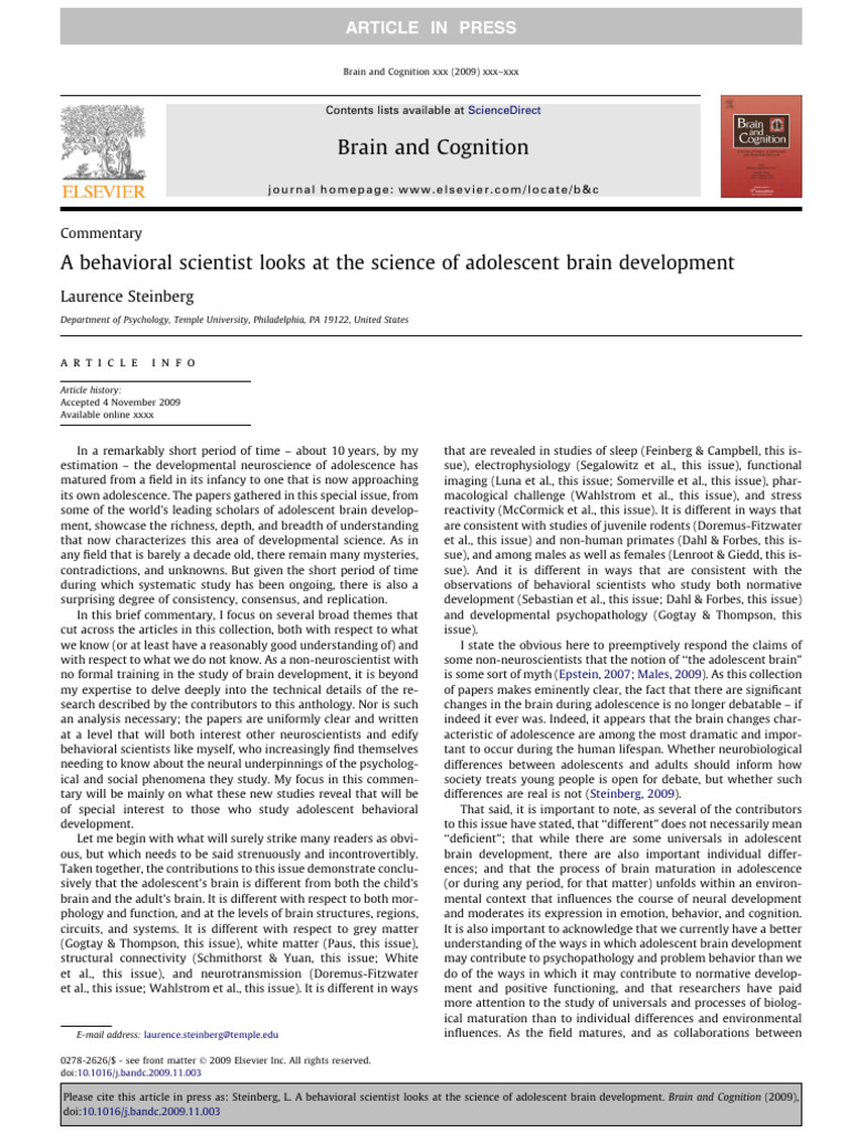 A Behavioral Scientist Looks at The Science of Adolescent Brain ...