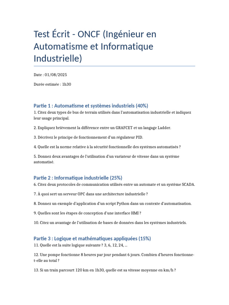 Test Ecrit ONCF Automatisme Indus | PDF