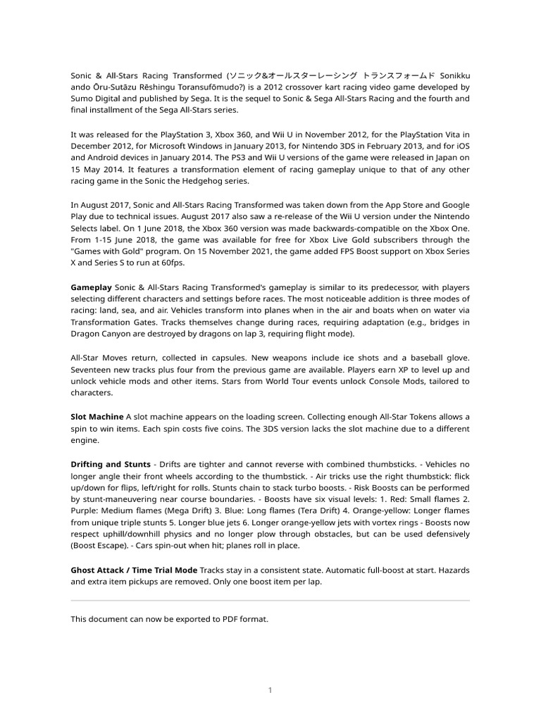 Sonic & All-Stars Racing Transformed Overview | PDF | Video Games ...