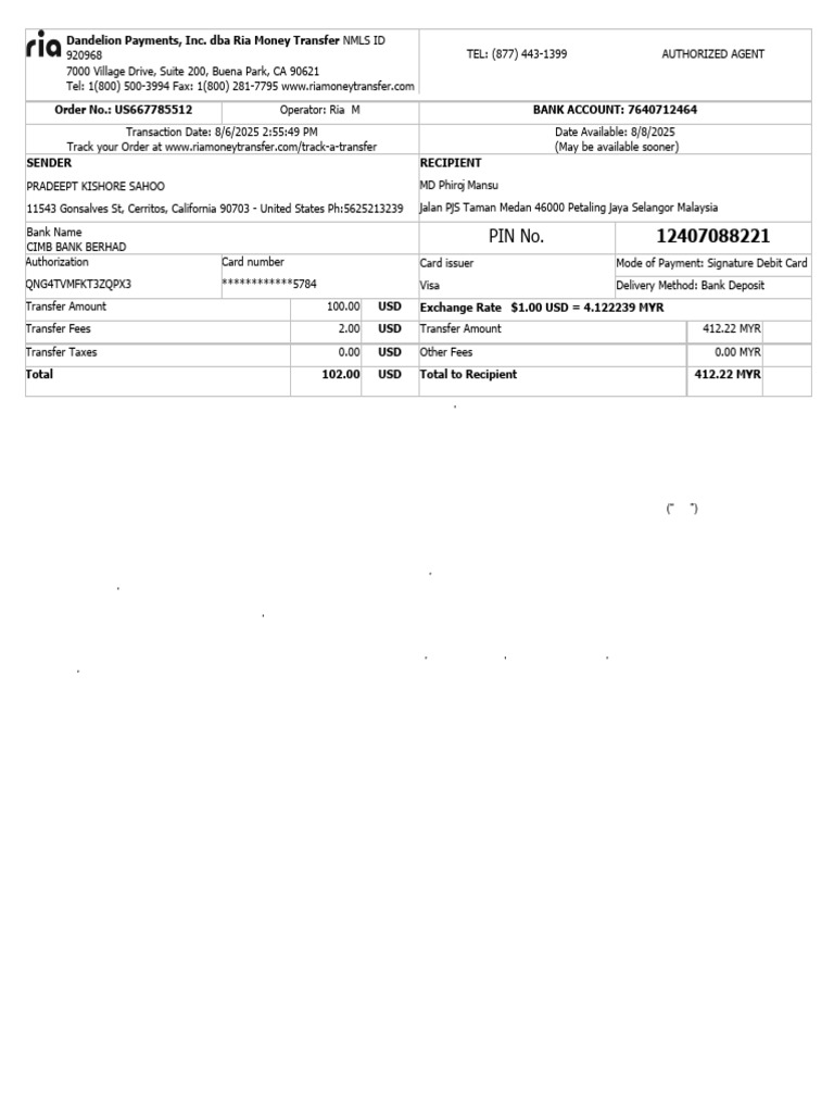 Ria Money Transfer Receipt Details | PDF | Receipt | Wire Transfer