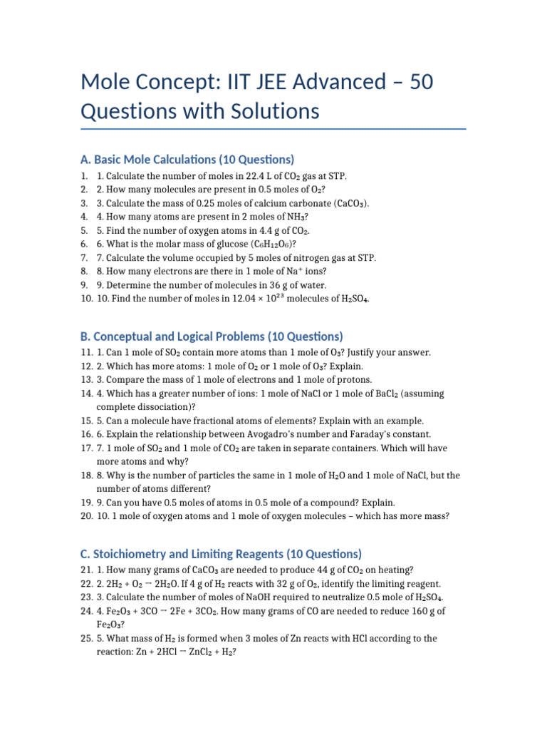 Mole Concept JEE Advanced 50 Questions List | PDF | Mole (Unit) | Molecules