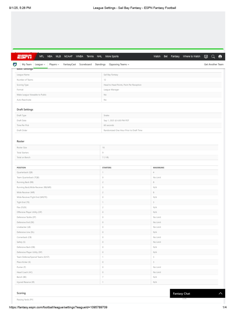Sail Bay Fantasy League Settings | PDF | Quarterback | American Football
